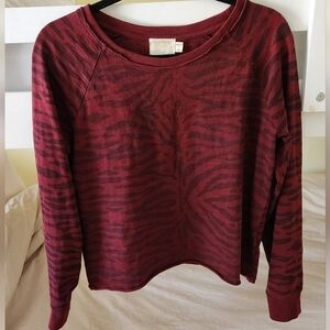 NATION LTD Burgundy Zebra Top Boxy Oversized Round Neck Long Sleeve Cotton Small
